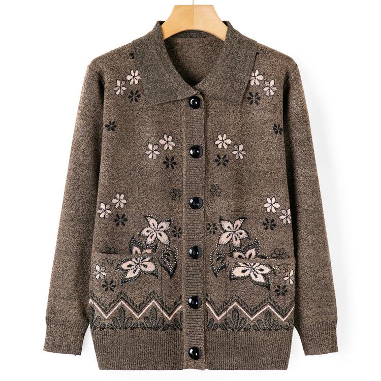 Old Lady Autumn Clothes Lapel Sweater Female Elderly Mother Sweater Jacket Autumn Clothes Mother-in-law Knitted Cardigan