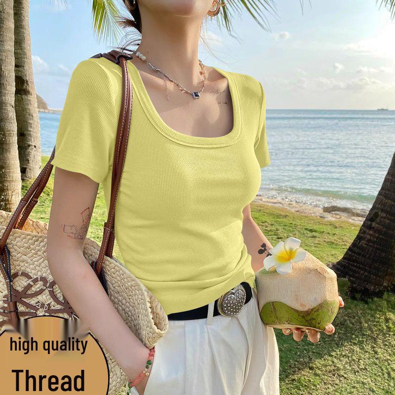 Hong Kong Style Women's Ribbed Square Neck Short Sleeve Top - Age-Reducing, Trendy, and Breathable