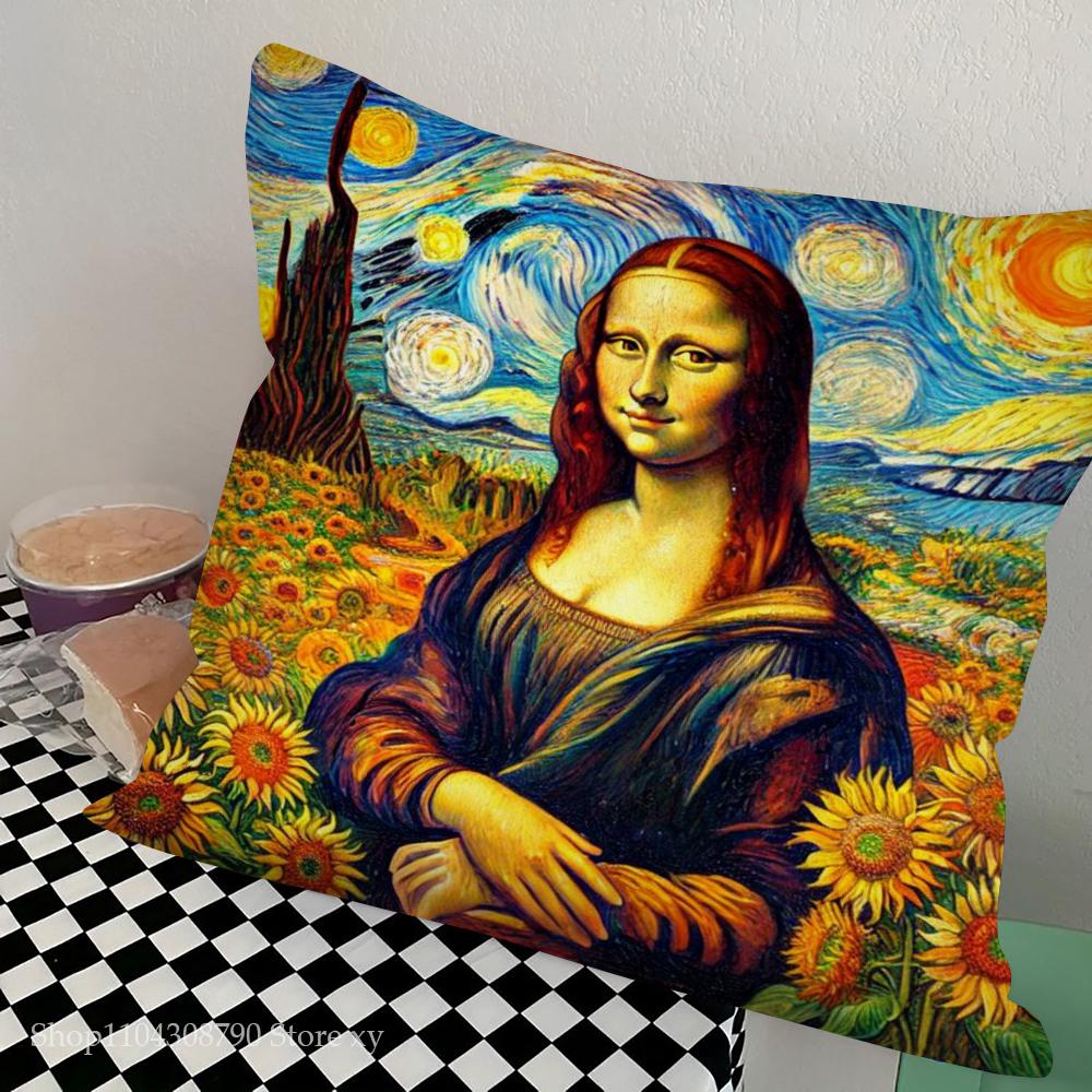 1pc Abstract Van Gogh And Friends Mona Lisa Pillow Case Square Bedroom Sofa Leisure Comfort Cushion Car Living Home Decoration