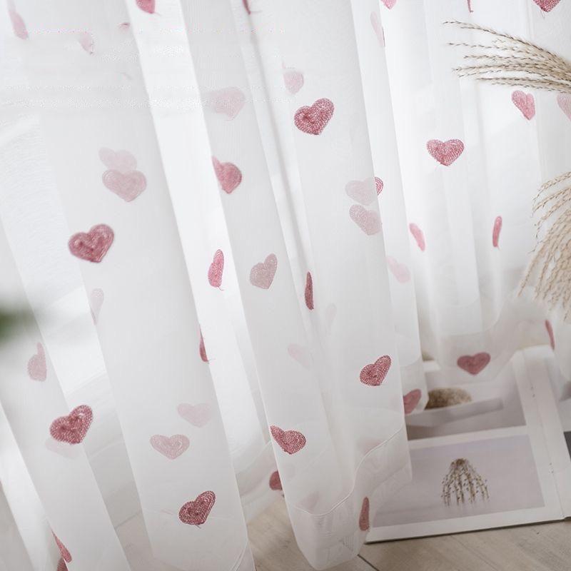 Koreaanse Meisjesachtige Roze Liefde Hart Geborduurd Tule Gordijn Zoete Prinses Wit Transparant Doorzichtig Voile Gordijn Voor Meisjeskamer W100 x H180cm 1Piece&Multifunction Tape
