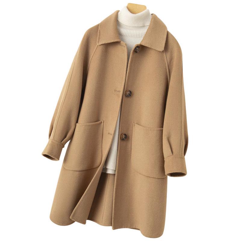 Dámský kašmírový kabát střední délky oboustranný na podzim/zimu - Petite, Čistě ručně šitý, Celovlněný, Zesílený design