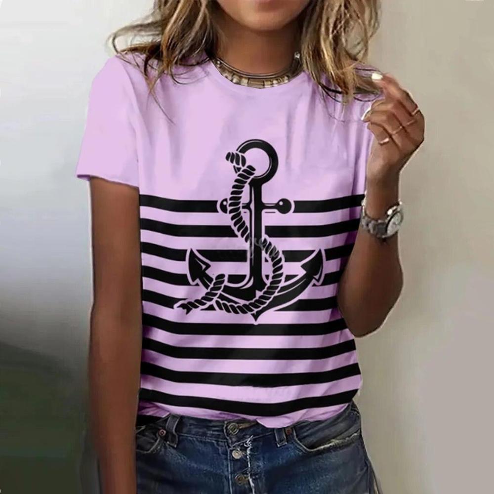 נשים קיץ חולצה הדפסת 3D סירה הדפסת עוגן אופנה O צווארון קצר חולצות חולצות סוודר נשים מזדמנים רופף חולצת טריקו Y2k בגדים