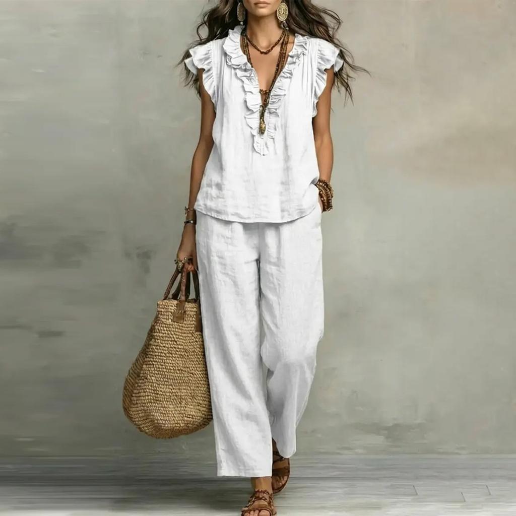 Women's Fashion V-neck Flying Sleeveless Tank Top Casual Pants Bohemian Cotton And Hemp Two Piece Set