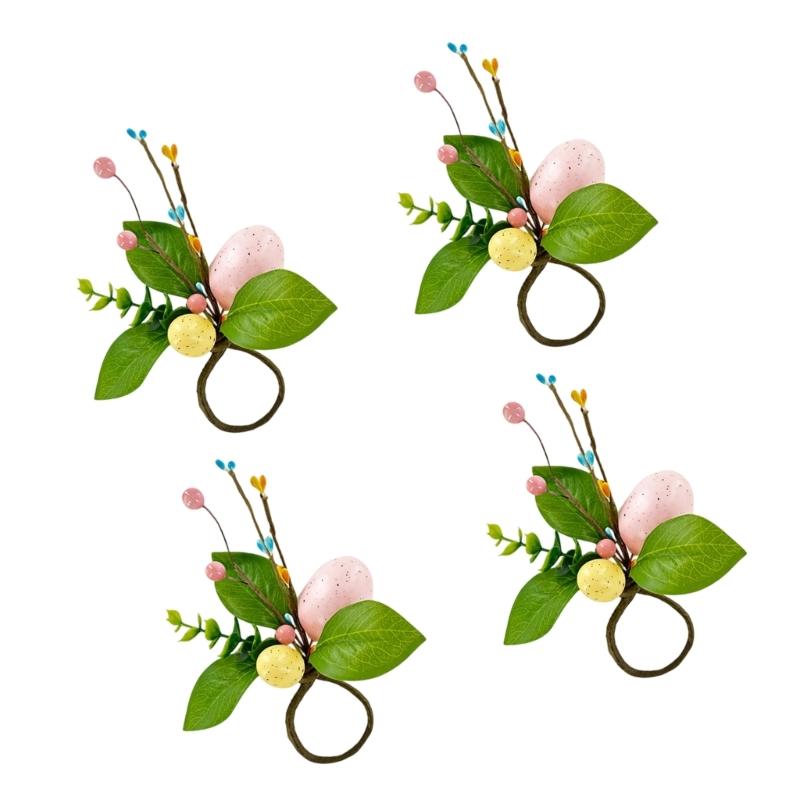 Easter Themed Simulated Green Grass Napkin Rings With Silk Leaf And Colorful Eggs For Festival Table Decoration