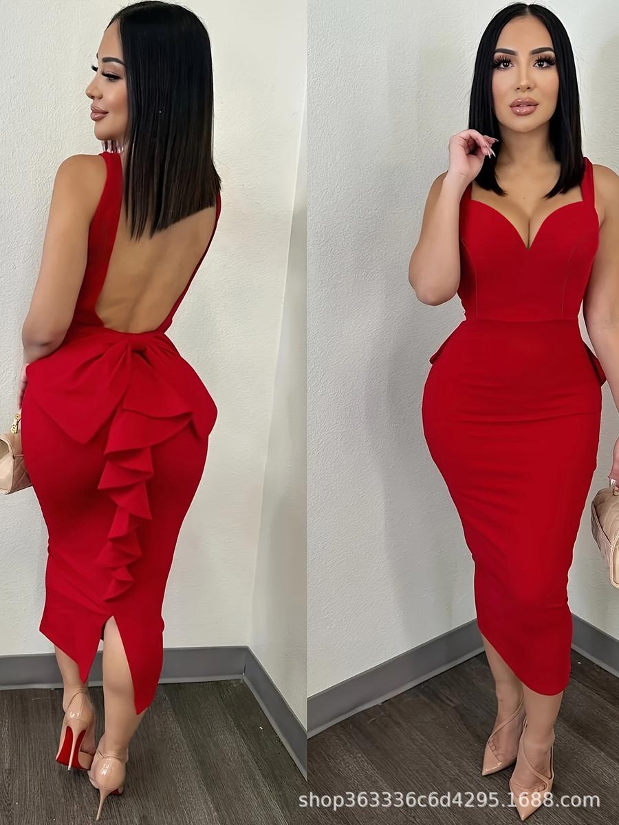 

Women s Floral Ruffles Halter Dress V-Neck Backless Mid-Length Evening Gown XXL червоний