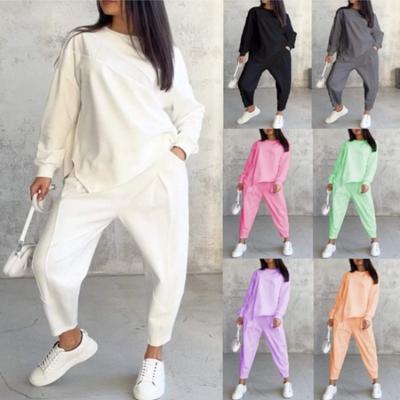 Women's Streetwear Comfortable Casual Workwear-Style Round-Neck Loose-Fit Asymmetrical Long-Sleeve Top and Trousers Set