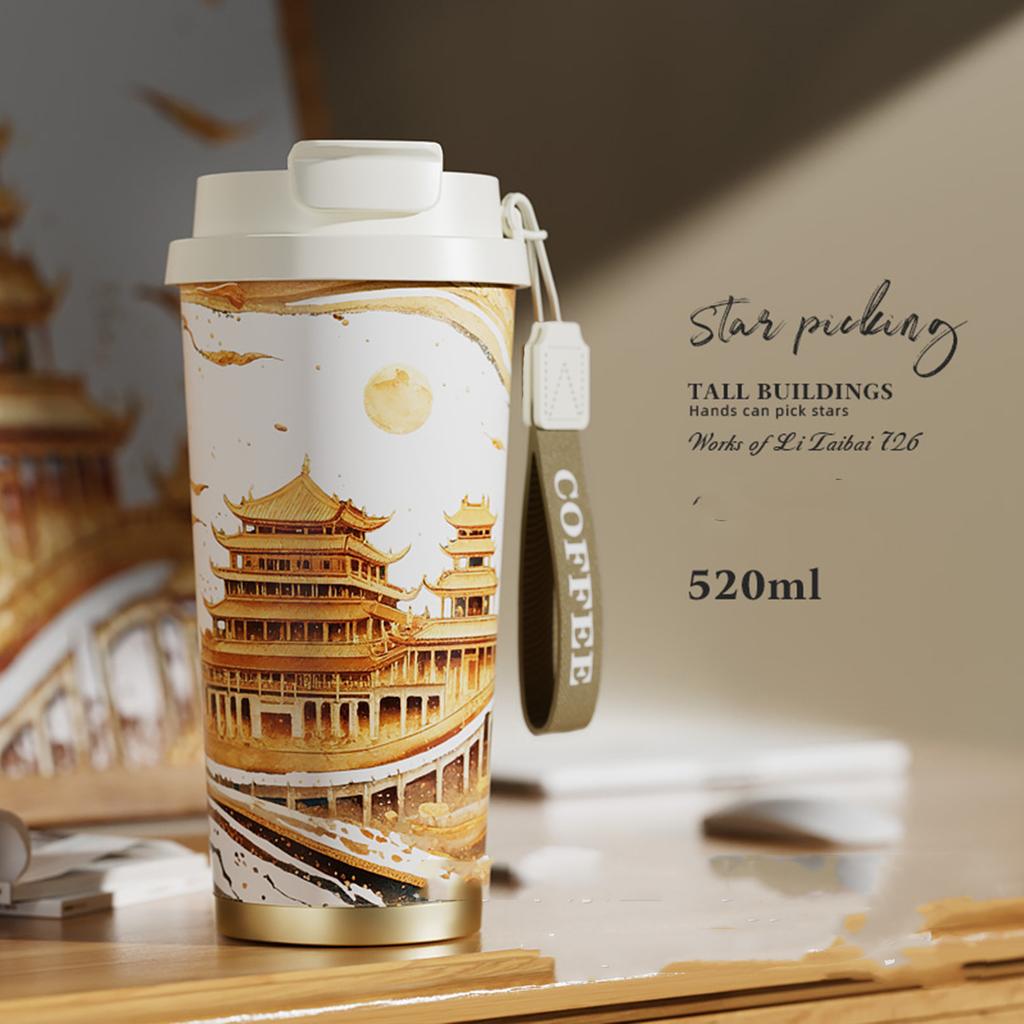 Van Gogh Style Flower Coffee Mug 500ml Stainless Steel Vacuum Flask Straw and Directly Drinking Insulated Tumbler Thermal Cup