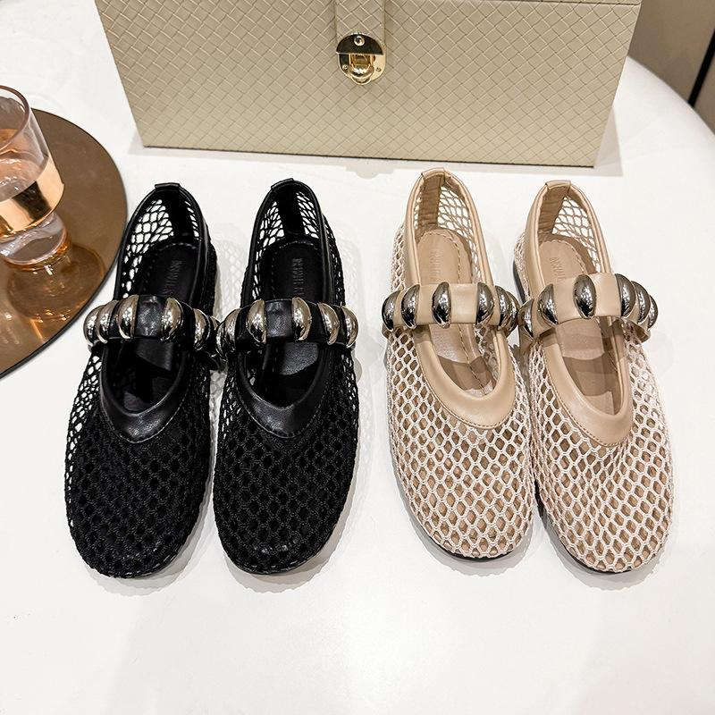 Foreign trade large size metal buckle mesh Mary Jane single shoes women's 2025 summer new European and American fashionable flat comfortable shoes
