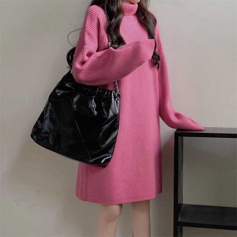 Winter Dress Turtleneck Batwing Long Sleeves Ribbed Warm Sweater Dress Ladies Autumn Winter Knitted Midi Dress