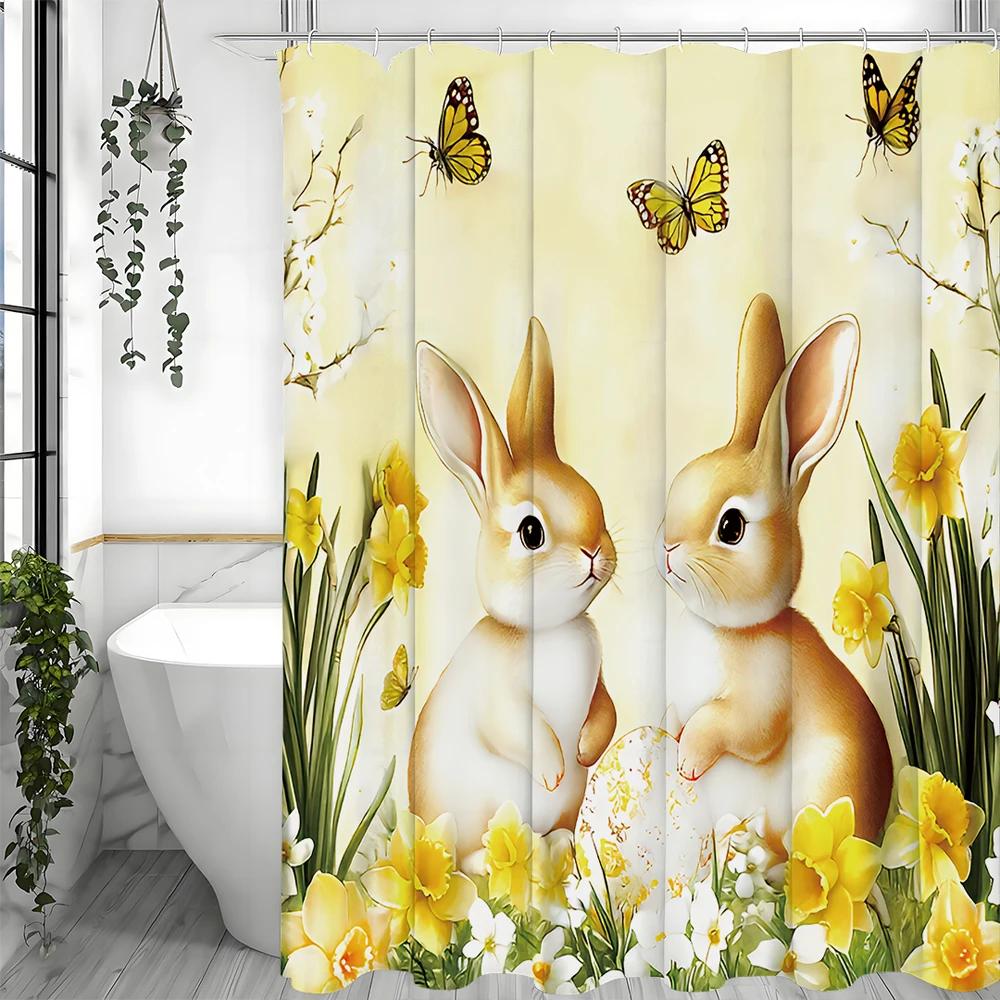 

Easter Bunny Spring Shower Curtain, Cute Bunny Watercolor Greens Rustic Farmhouse Holiday Polyester Bathroom Decor With Hooks, W W60H190(CM)-1 Pcs