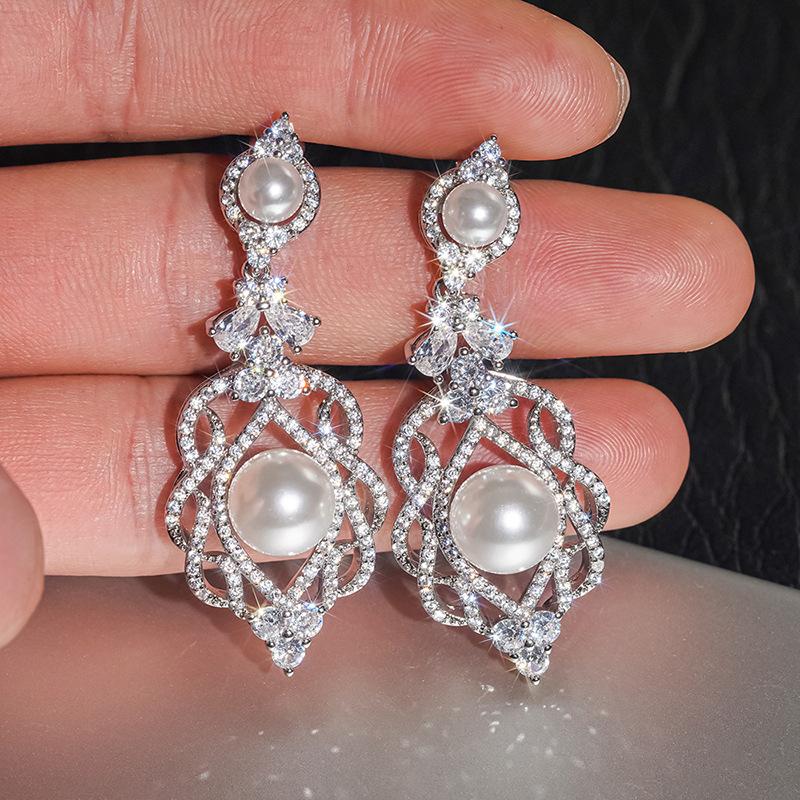 Ruili Magazine Bridal Earrings, Light Luxury Elegant Flower Imitation Pearl Zircon Earrings, Wedding Earrings