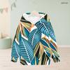 Girls Long Sleeve Hooded Sweatshirt Green Blue Leaf Printed Pullover