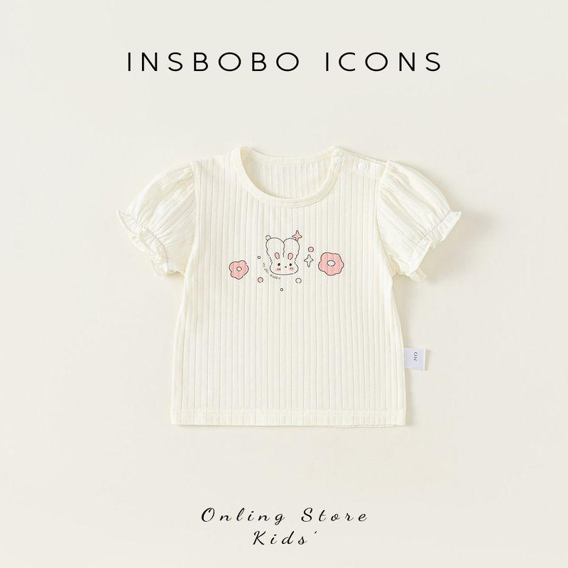 Insbobo Girls  Short-Sleeved Stylish Children s T-Shirt Short-Sleeved Puff Sleeve Rabbit Print T-Shirt Baby T-Shirt Children s Clothing Summer Beige 90