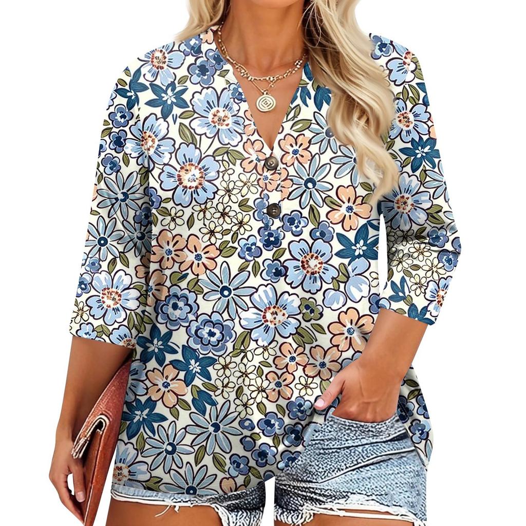 Plus Size Women's Fashion Casual Vintage Print V-Neck 3/4 Sleeve Button T-Shirt Top