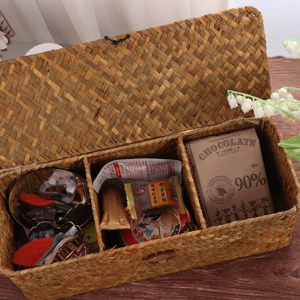 Handmade 3 Grid Handwoven Storage Basket Dustproof Rattan Divider Storage Box  Clothes
