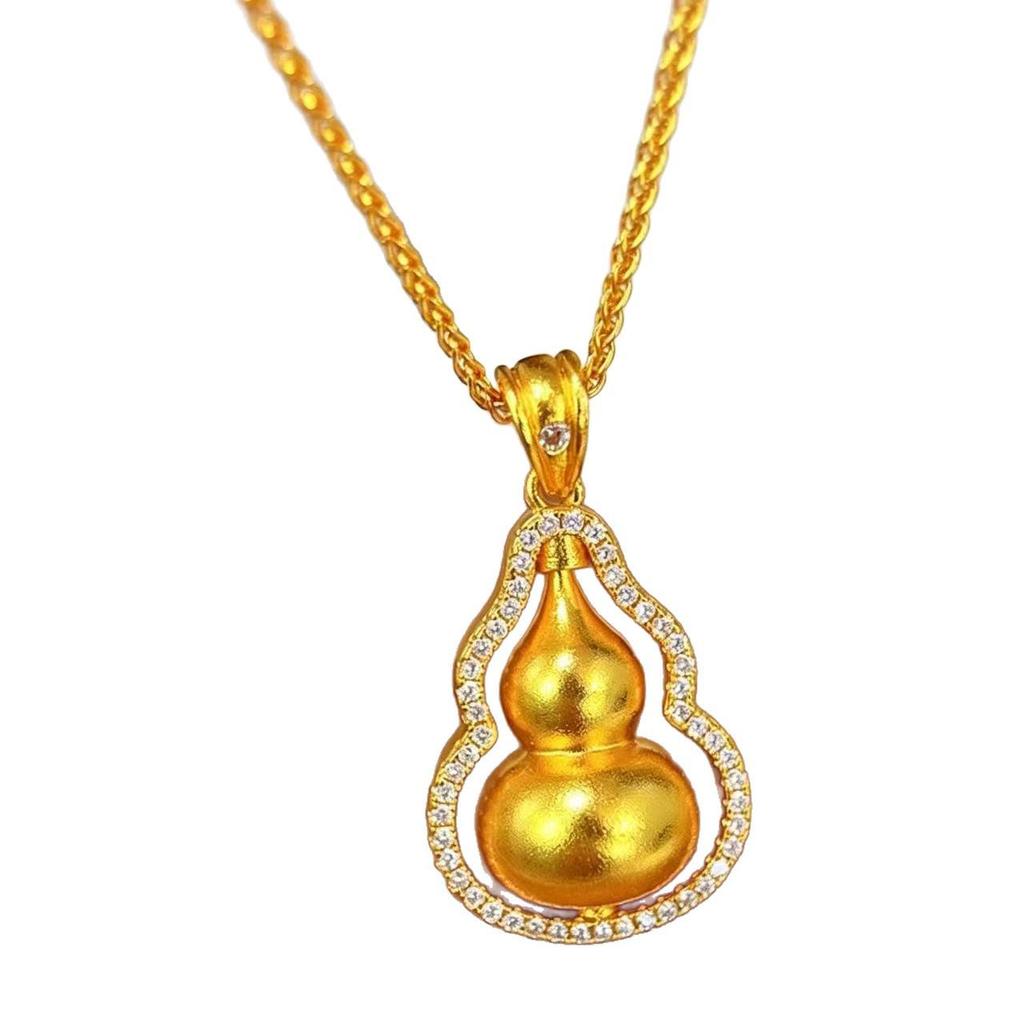 Women's Rotatable Fu Lu Gourd Pendant Necklace: Sand Gold with Diamond Detail, Stylish Chinese Design, Ideal Gift for Girlfriend