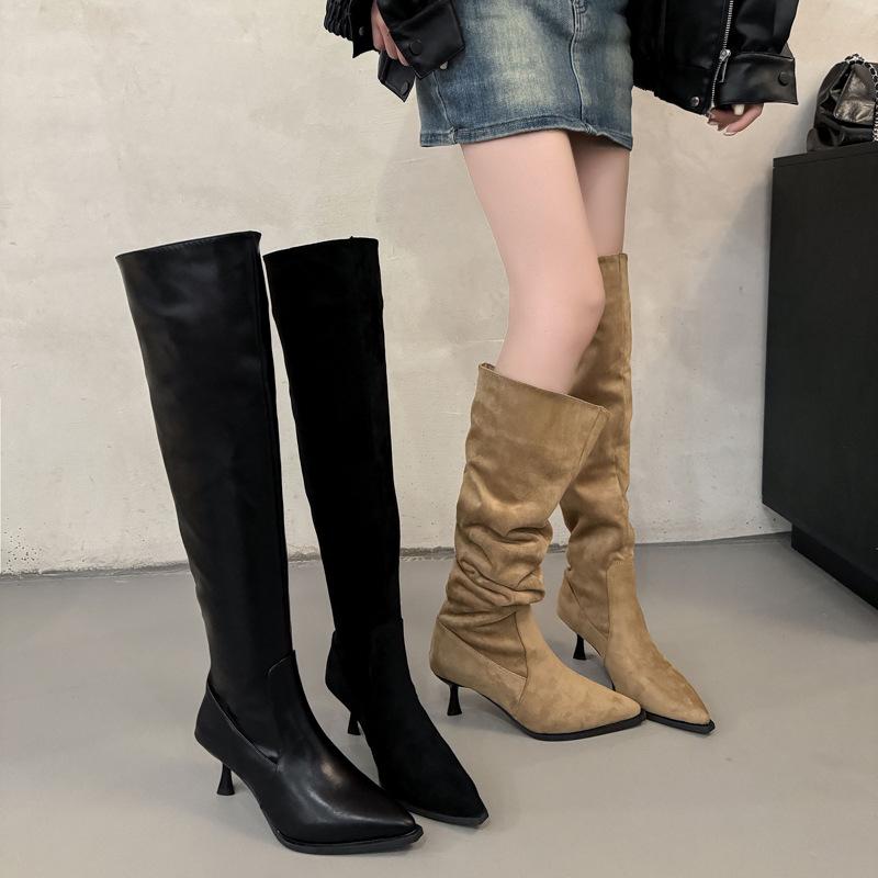 Over-the-knee Boots for Women Wear Big Tube Circumference 2025 Autumn and Winter New Suede Pointed Thin Heel High Heel Pleated Piled Boots