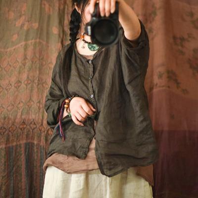 Women Chinese Style Ramie Summershirts O-Neck Long Sleeve Solid Color Button Tops Loose Vintage Shirts