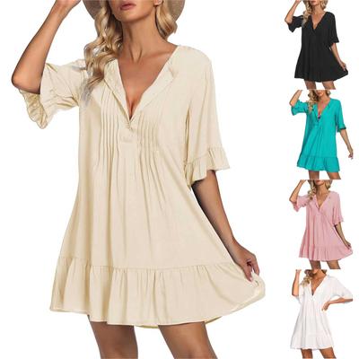 Damen Strandkleid Kurzarm Farbe V-Ausschnitt Rock Locker Freizeitkleid