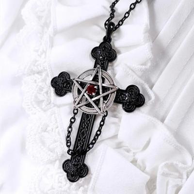 Gothic Dark Five-pointed Star Cross Relief Pattern Red Zircon Pendant Necklace for Women Men Hallowmas Punk Fashion Jewelry Gift