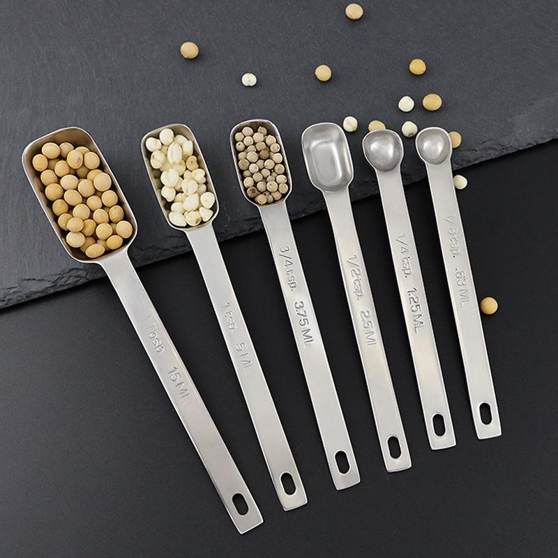 1Pc 304 Stainless Steel Rectangular Kitchen Measuring Spoons With Scale For Coffee Graduated Spoon Powder Coffeeware