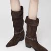 Fashion Women's 2025 New Fashion Mid-leg Boots Long-leg Knight Boots Block Heel Pointed Toe Cowhide Western Pile Boots