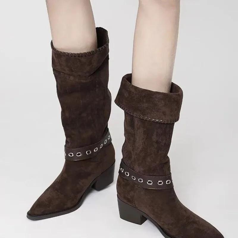 Fashion Women's 2025 New Fashion Mid-leg Boots Long-leg Knight Boots Block Heel Pointed Toe Cowhide Western Pile Boots