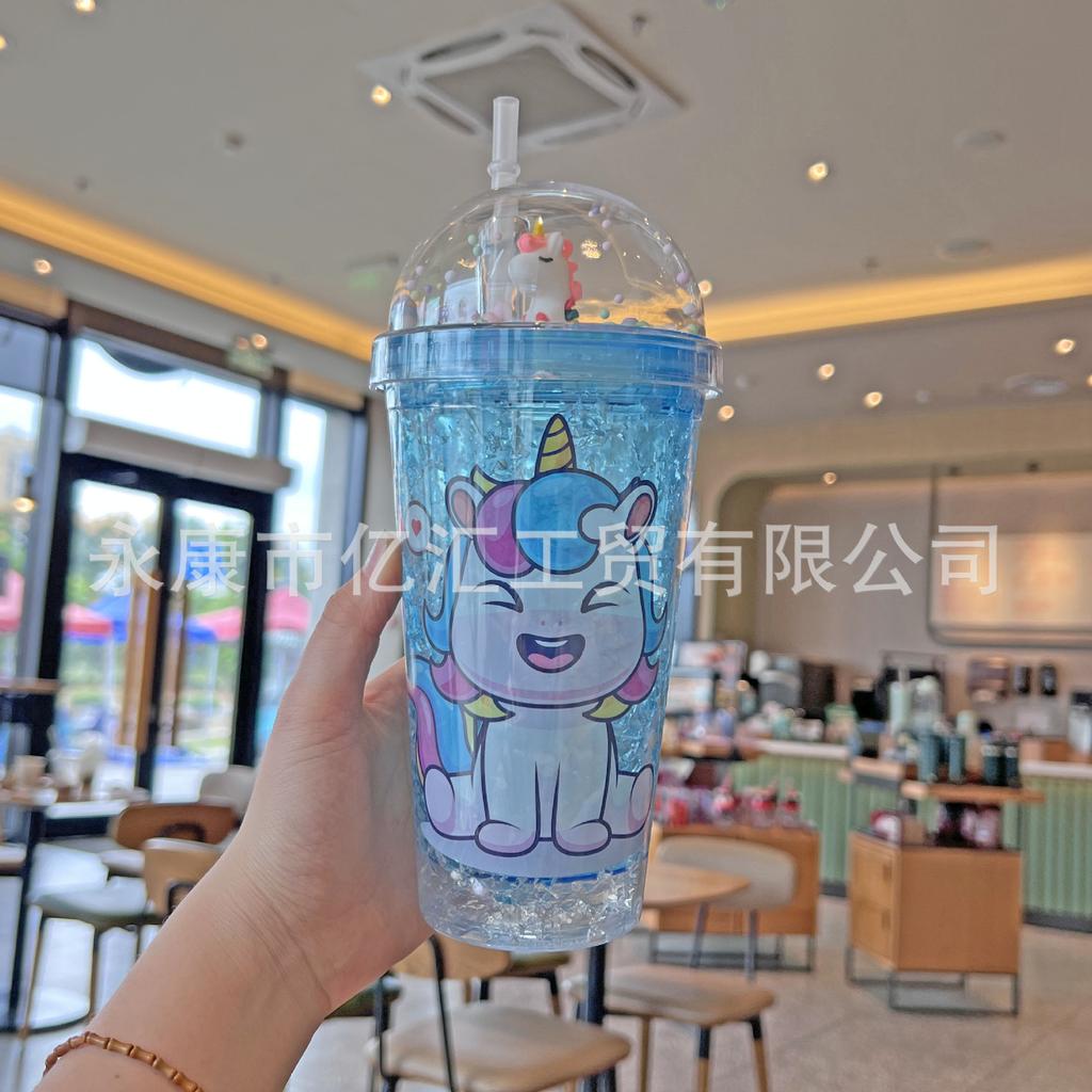 New High-value Unicorn Straw Cup,Portable Cartoon Plastic Water Cups, Double-layer Glitter Crushed Ice Cup, Holiday Gift Tea Cup