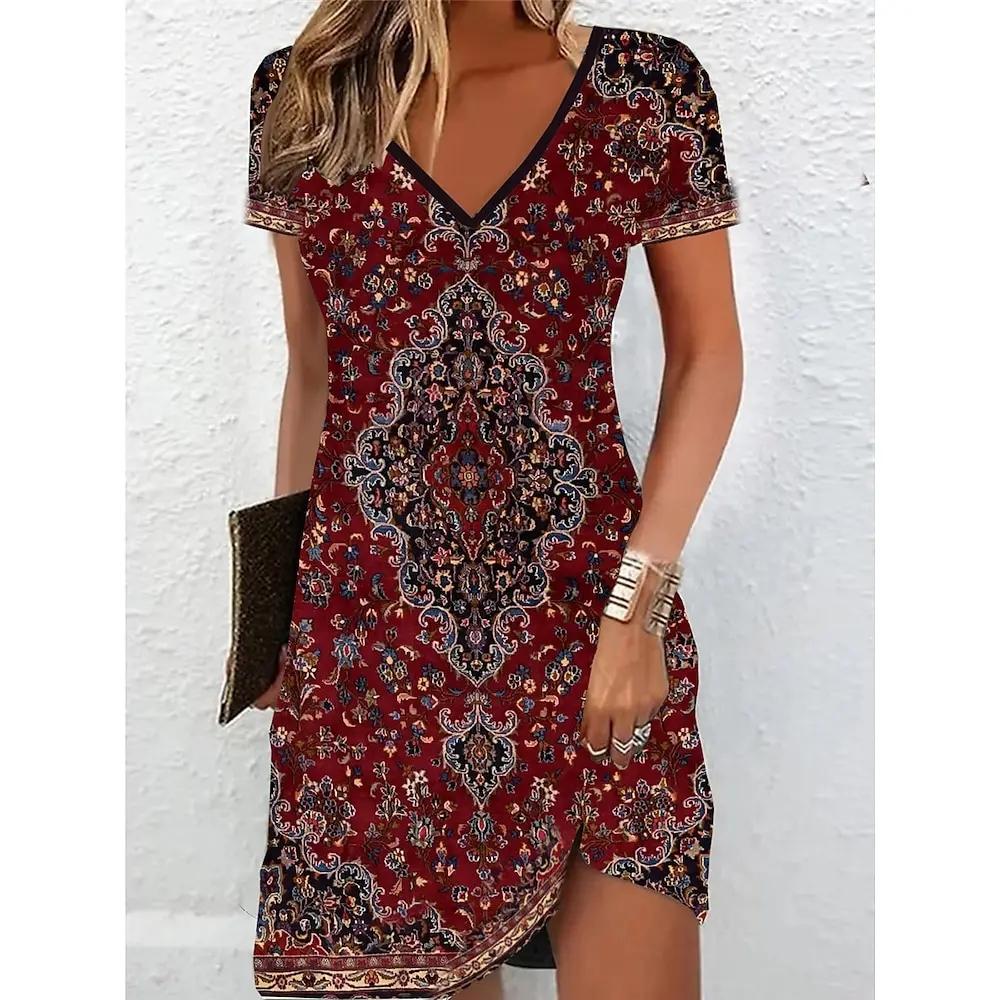 Women Short Sleeve V-Neck A-Line Dress Marble Pattern 3D Print Dress 2025 New Oversizd Casual Elegant Female Mini Dress Vestidos