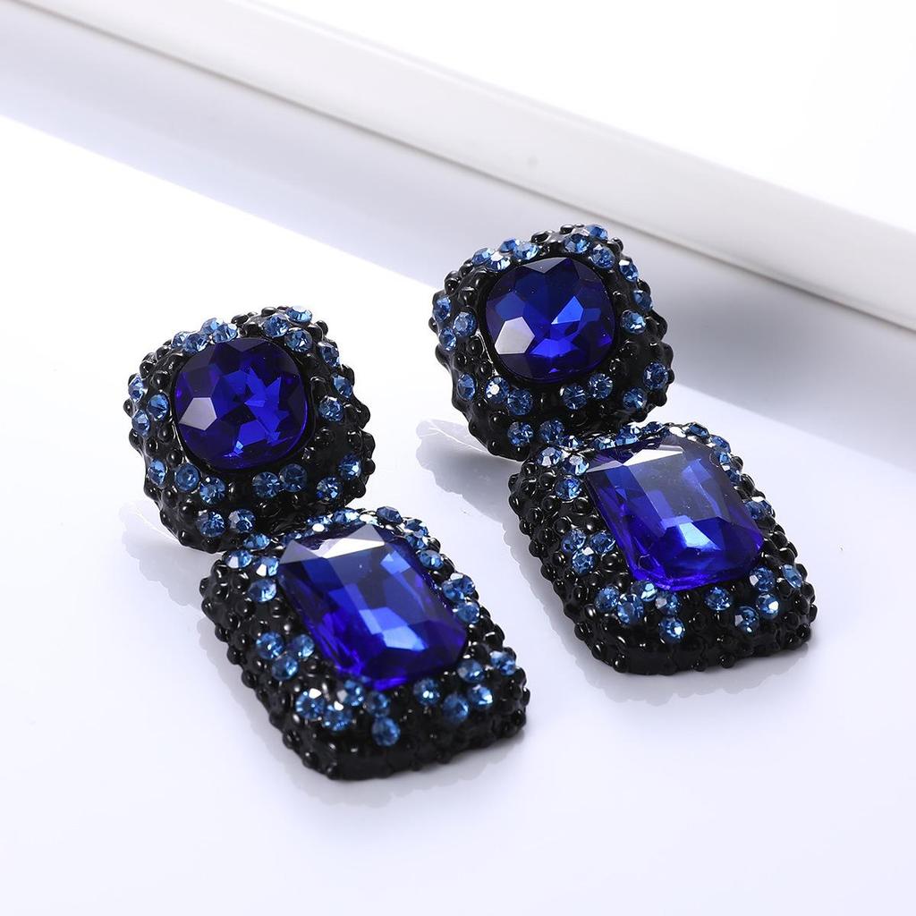 Chic European-American Square Gemstone Stud Earrings: Bold Fashion Jewelry