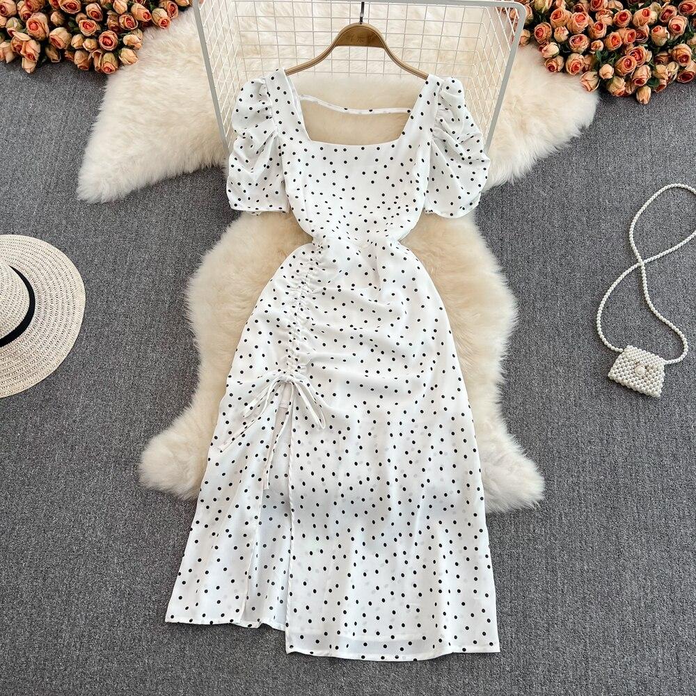 Seaside Holiday Backless Super Sexy Square Collar Slim-fitting Sleeved Mid-length Split Dot Dress