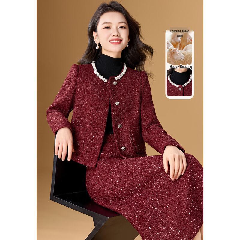 

Meilannie Festive Red Wool Blend Tweed Skirt Suit L