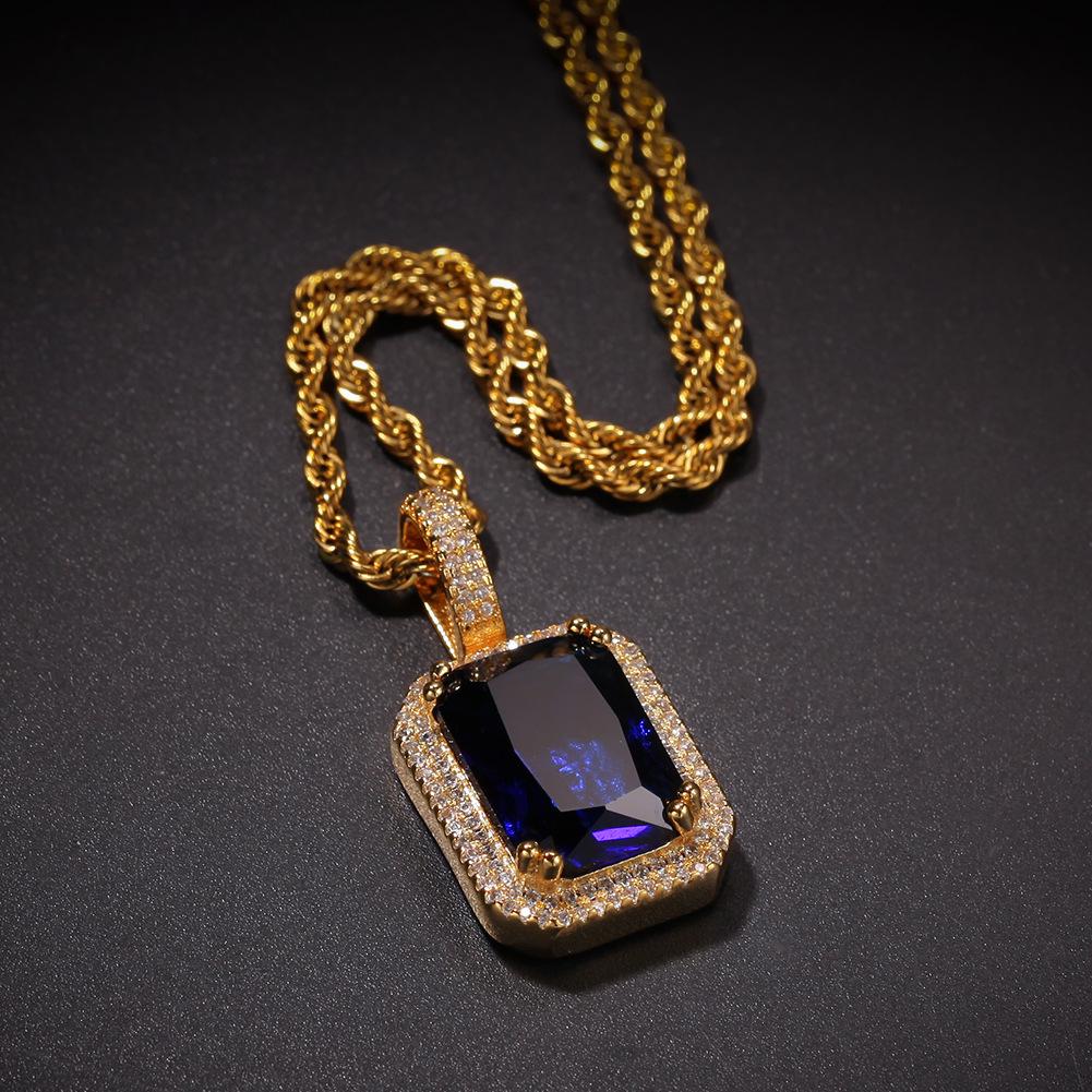 Hip Hop Trendy Brand Colorful Square Solid Retro Pendant Necklace Personalized Diamond Ins Style New Product
