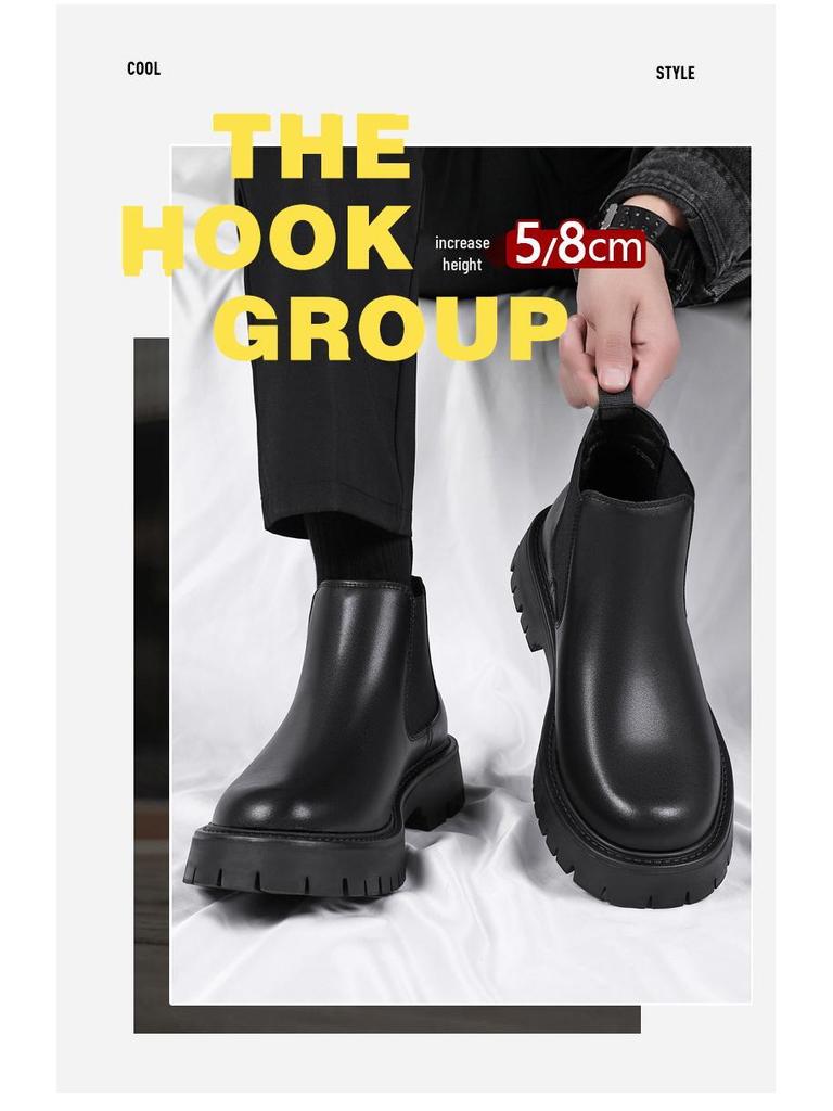 Herren Chelsea Boots im britischen Stil: Dicksohlige, höhenerhöhende, Echtleder, Slipper, mittelhoher Schaft, Herbst/Winter Martin Boots.