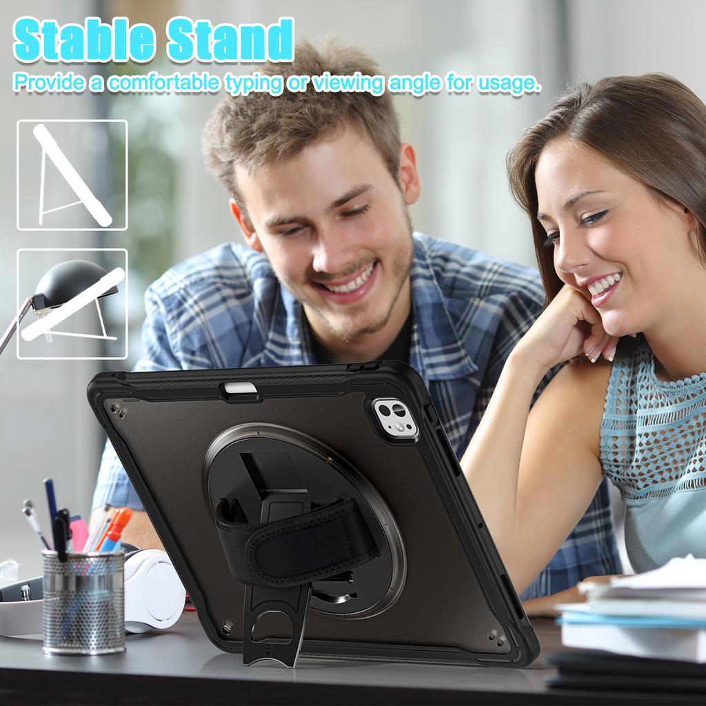 For iPad Pro 13 (2024) Case Kickstand PC+TPU+Silicone Tablet Cover with Rotary Hand Strap