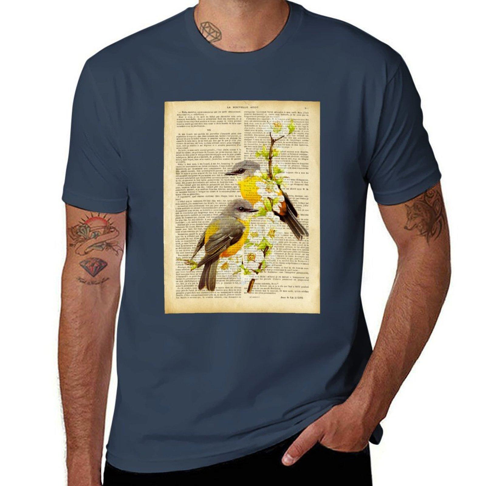 birds old botanical spring on book  print page TShirt Plus Size Gym Sports TShirt S