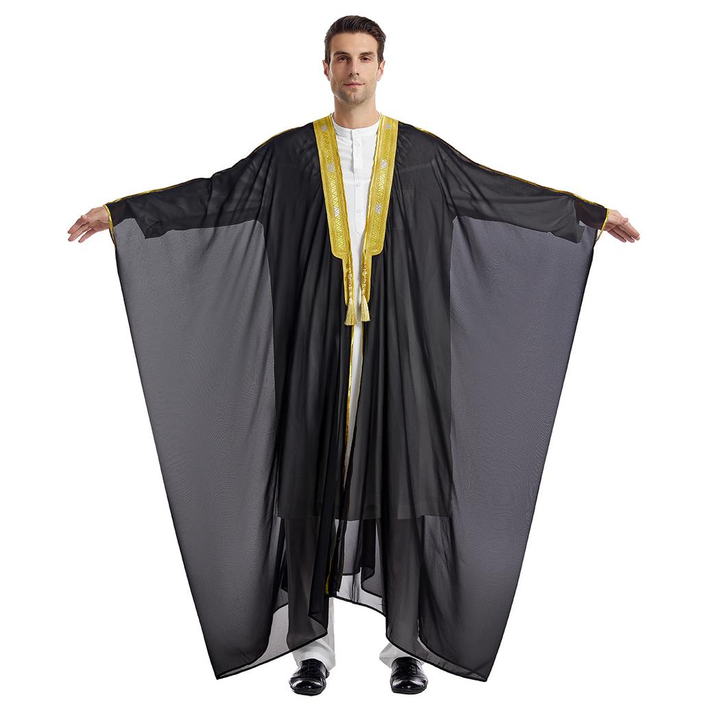 Men's Loose Long Robe Vintage Long Sleeve Cloak Embroidery Tassel Chiffon Cardigan Single Outerwear Traditional Casual Open Front Long Gown