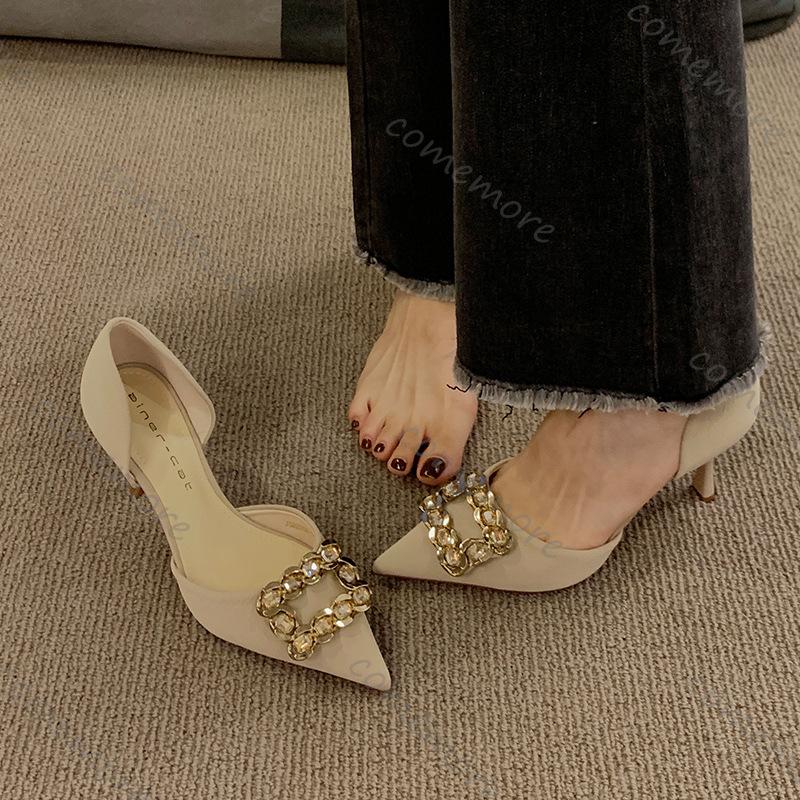 Fashion Comemore Black Rhinestone High Heels Spring Autumn New Women's Shoes Temperament Pumps Square Buckle 8cm Stiletto Heels Women