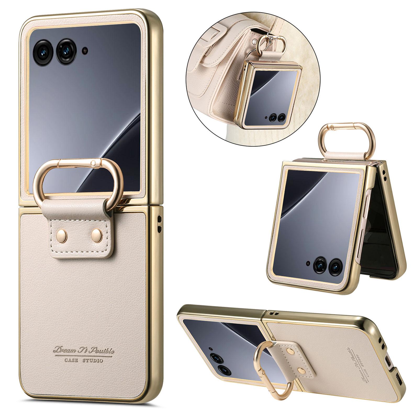 

For Motorola Razr 60 Ultra 5G Case Electroplating Leather Coated PC Phone Cover with Spring Ring Buckle Kickstand