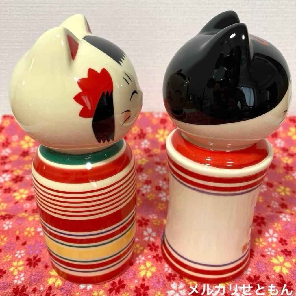 YAKUSHIGAMA Ayae Happy Cat Kokeshi Doll Traditional Pottery 2pcs