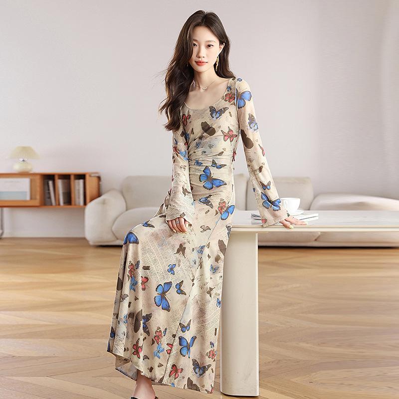 Retro Butterfly Print Long-Sleeve Dress - Slim Fit, Sexy Ruched Waist Large