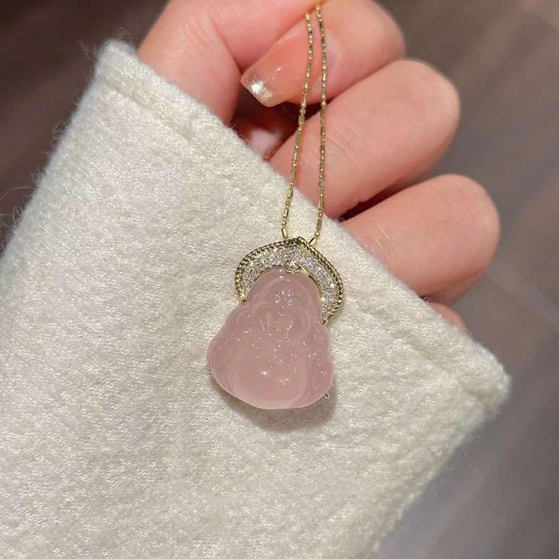 Hibiscus Pink Imitation Jade Laughing Buddha Pendant Necklace - Light Luxury, High-End Pink Crystal, Maitreya Buddha Design.