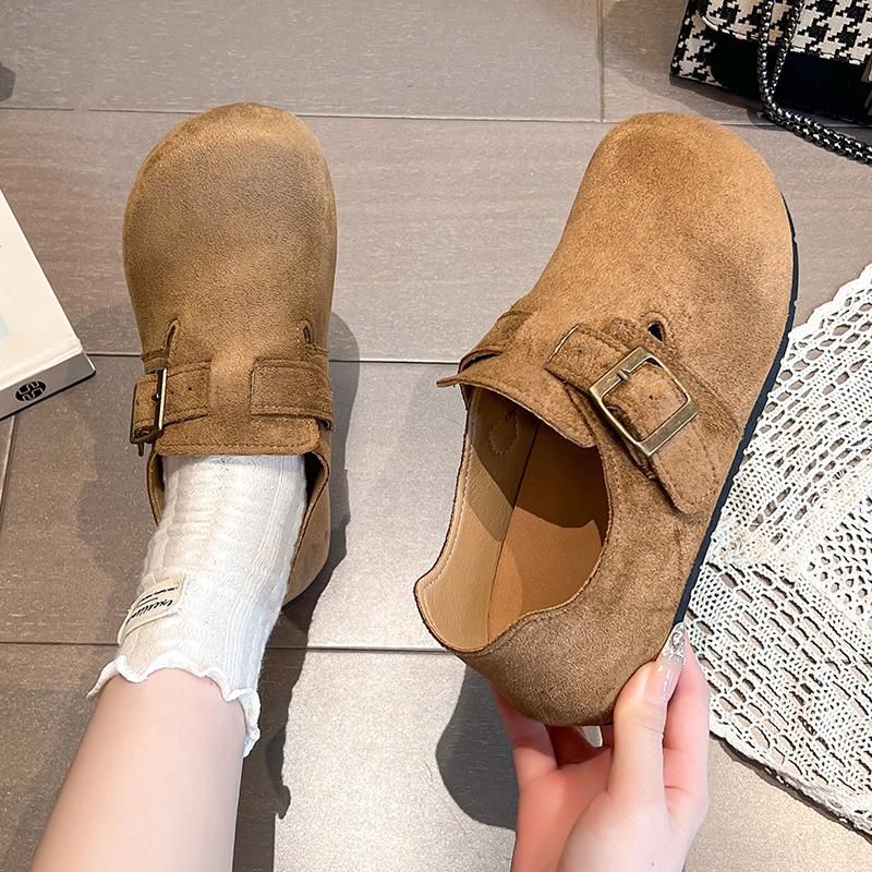 Fashion Single Shoes Women's Fashion Round Toe Suede Metal Buckle Soft Sole Non-slip Wear-resistant Flats