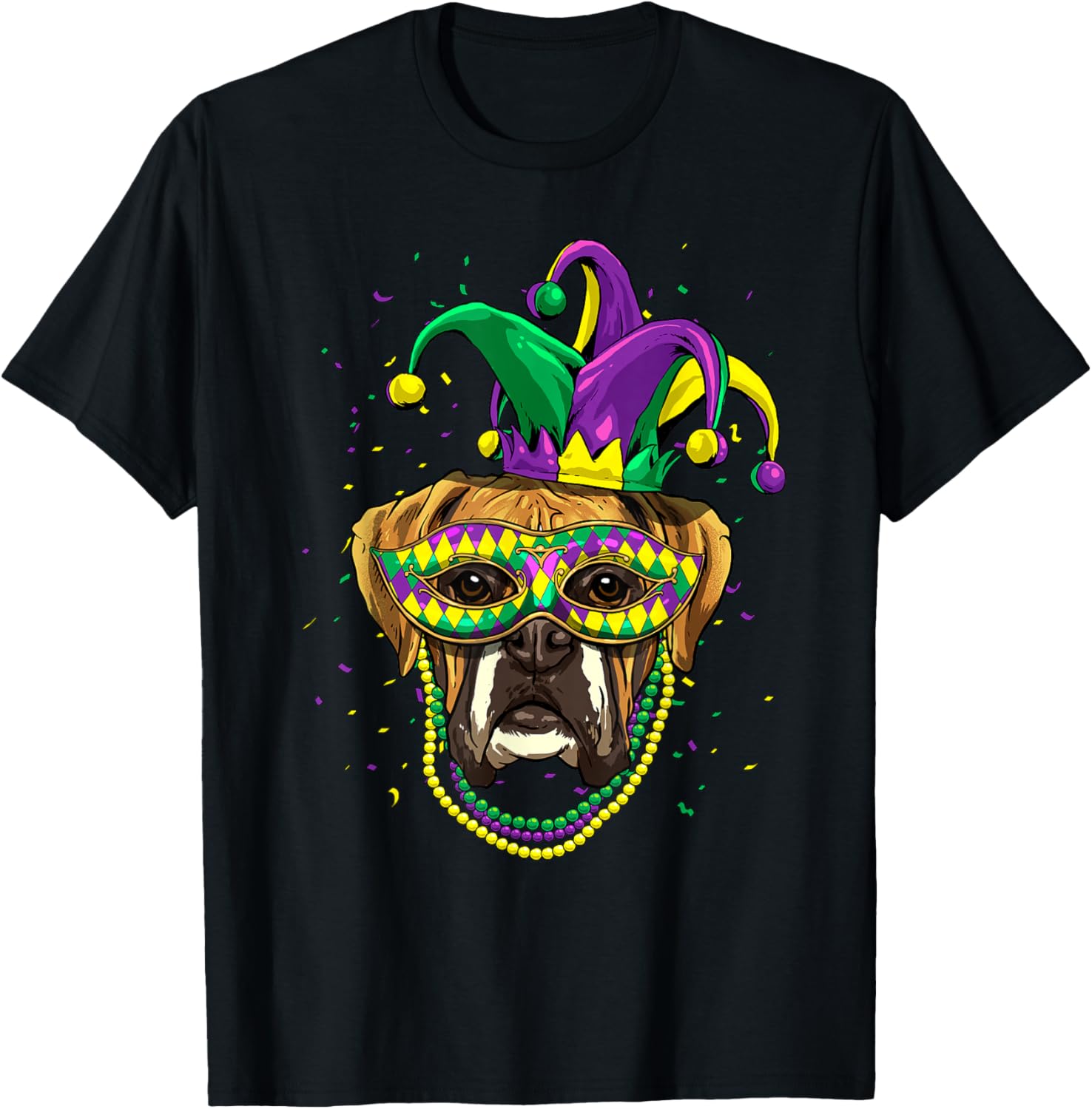 

Boxer Dog Mardi Gras Mask Beads Graphic Print Men Casual Cotton T-Shirt 4XL