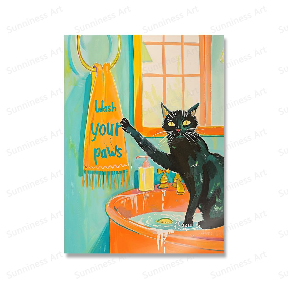 

Мойте лапы Цитата Забавный черный кот Плакат Красочная ванная комната Кошачья настенная живопись Печать Животные Картины для туалета Украшения дома 21x30cm No Framed белый