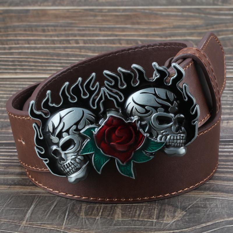 Drop shipping Flame Skull Rose Flower Pattern Buckle Fashion Belt Double Skull Head Heavy Metal Rock style