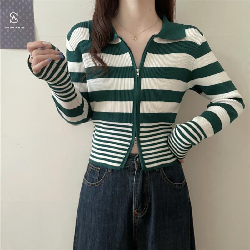Spring Design Feeling Pletenina Cardigan Dámské Kontrastní proužky Polo Výstřih Cardigan Dvojitý zip Kabát Dlouhý rukáv Krátký svetr Top