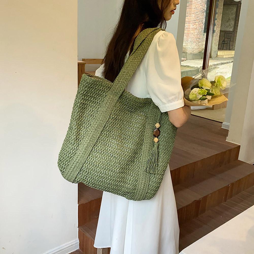 Elegant Ladies Straw Woven Handbag for Women Summer Beach Handbag Commute Casual Tote Top-Handle Bags with Tassel Pendant