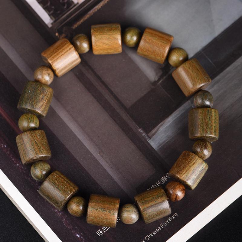 

Wenwan Buddhist Prayer Bracelet with Barrel Beads - Sandalwood, Green Sandalwood, Ebony Beads, Straight Cut Through Spacer Style.