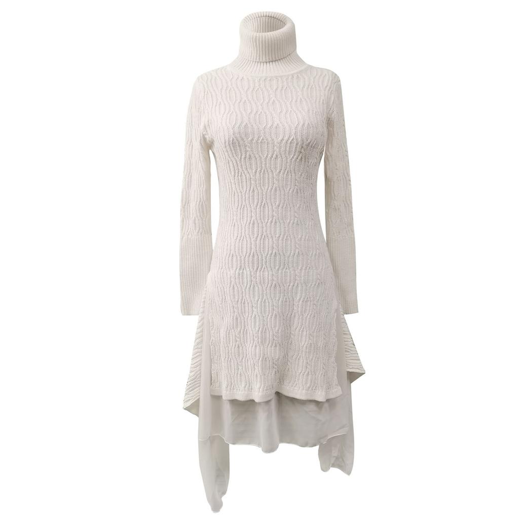 Fashionable Solid Cable-knit Turtleneck Casual Long Sweater Dress for Women
